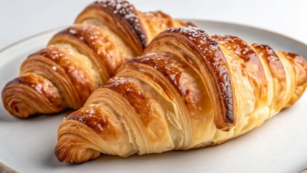 Two perfectly baked Gipfeli on a white plate, sprinkled lightly with powdered sugar.