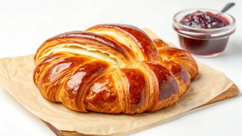 A single golden-brown Gipfeli resting on parchment paper, accompanied by a small jar of jam.