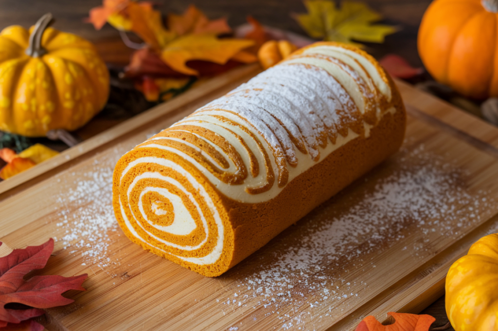 A rolled pumpkin cake with creamy filling, sprinkled with powdered sugar, on a wooden cutting board surrounded by autumn leaves and mini pumpkins.