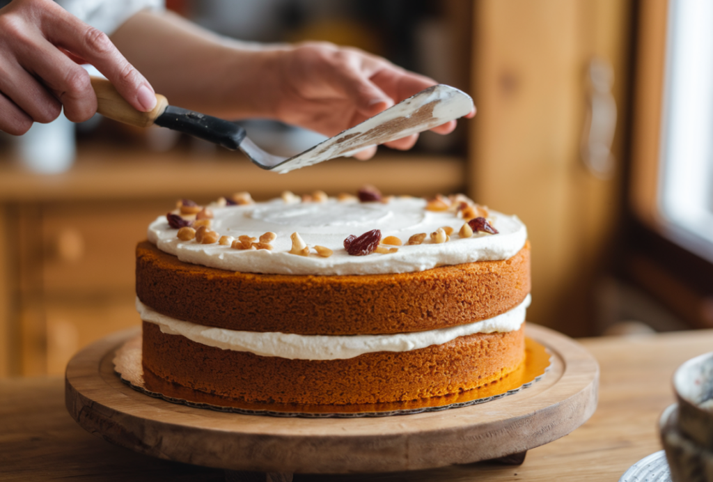 Baker spreading cream cheese filling on a pumpkin cake layer using a spatula, in a warm kitchen setting.