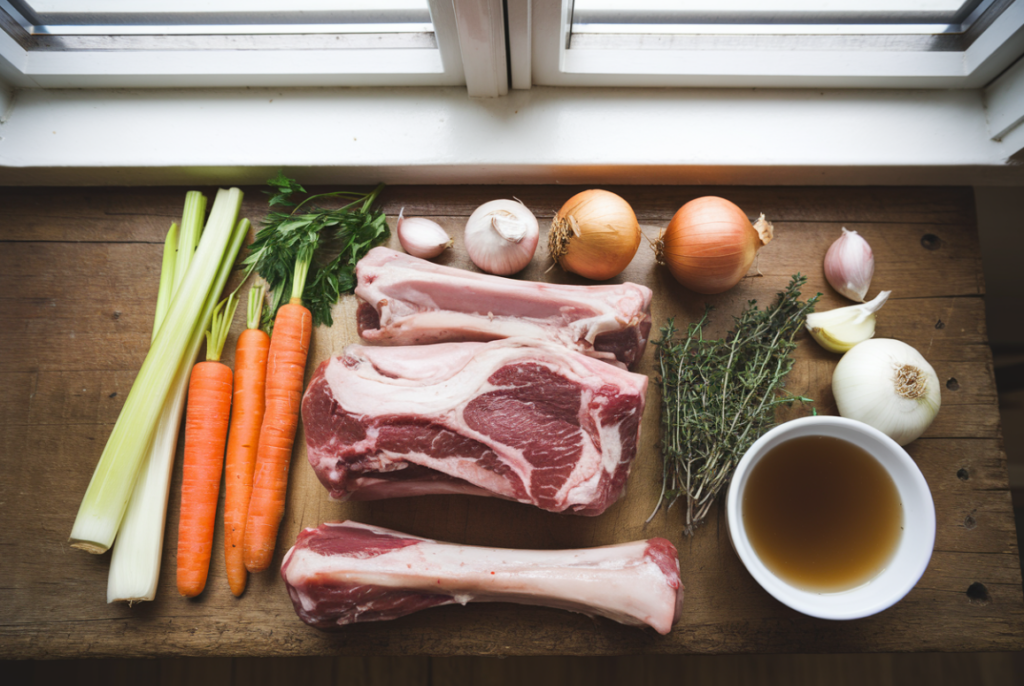 Person preparing veal shank with fresh ingredients on a wooden counter.