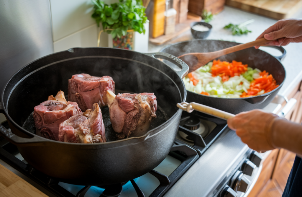 Person cooking veal shank in a Dutch oven with vegetables 1