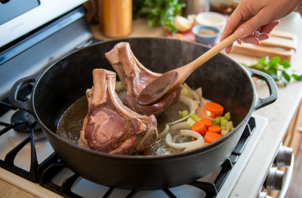 Person cooking veal shank in a Dutch oven with vegetables.