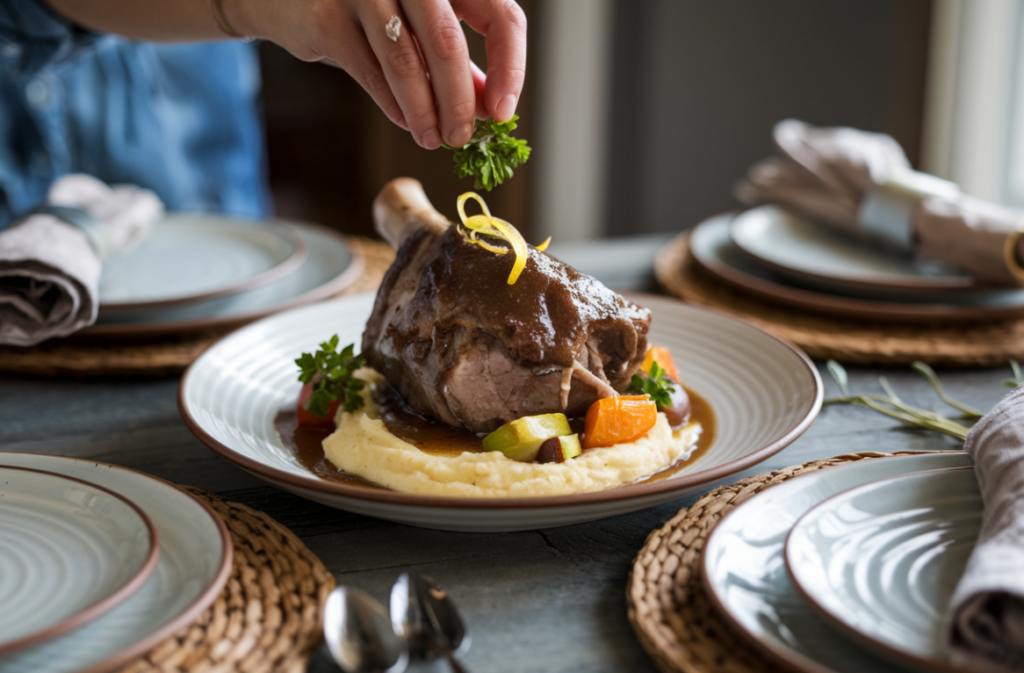 Person garnishing a plated veal shank dish at a dining table.