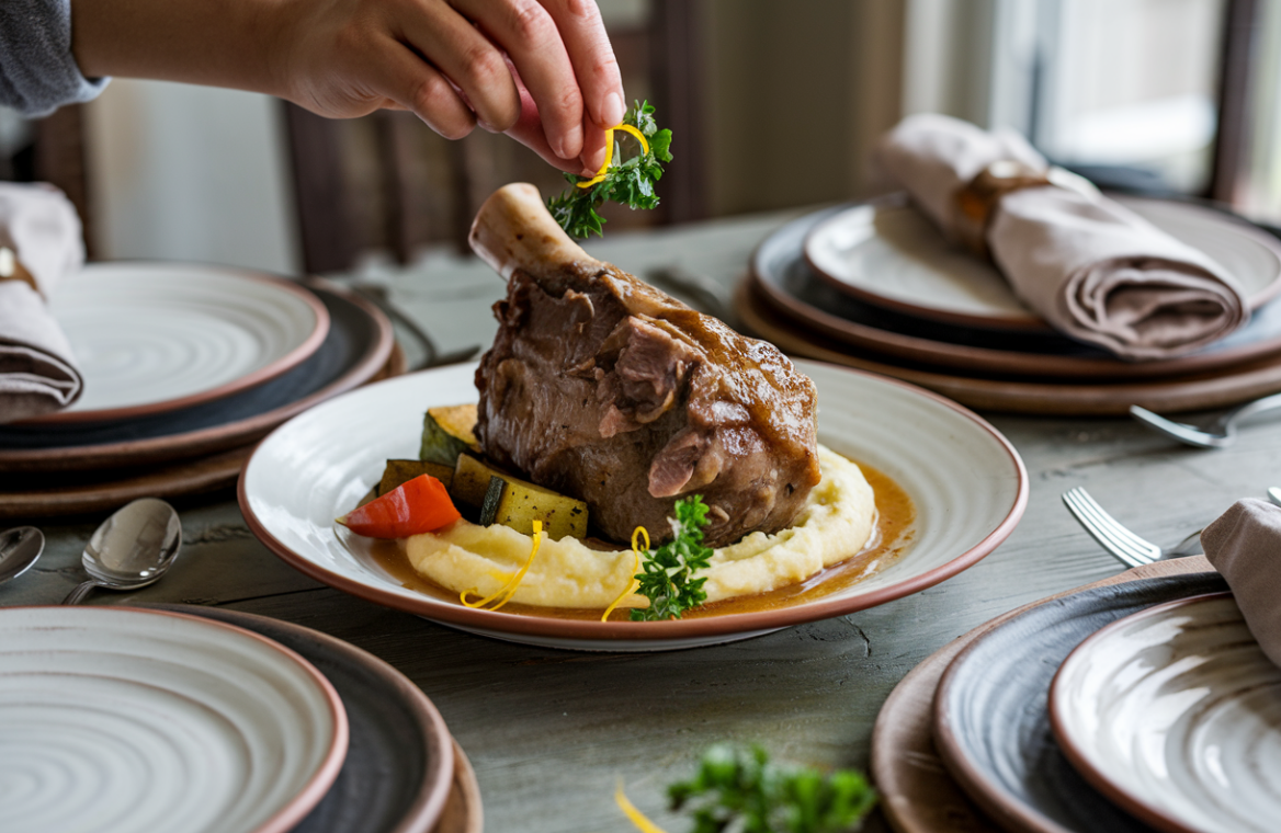 Hand garnishing braised veal shank with parsley and lemon zest on a rustic dinner plate.