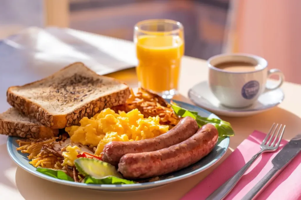 A breakfast plate with scrambled eggs, sausages, toast, hash browns, and garnished greens, accompanied by a glass of orange juice and a cup of coffee on a sunny table.