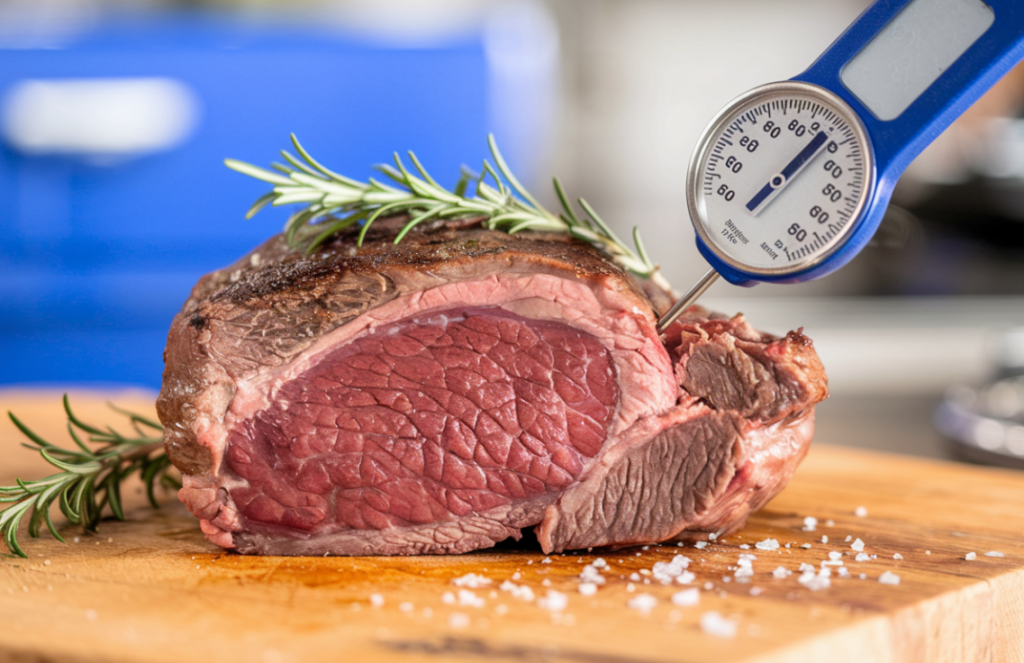 Meat thermometer inserted into a blue steak, displaying a temperature within the ideal range for blue doneness, resting on a wooden cutting board with rosemary sprigs and salt crystals.