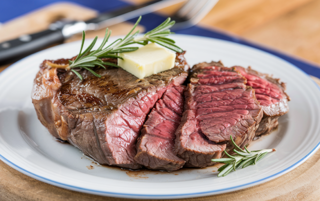 Sliced blue steak, showcasing its rare, red interior and seared crust, served with a pat of butter and rosemary sprig on a white plate.