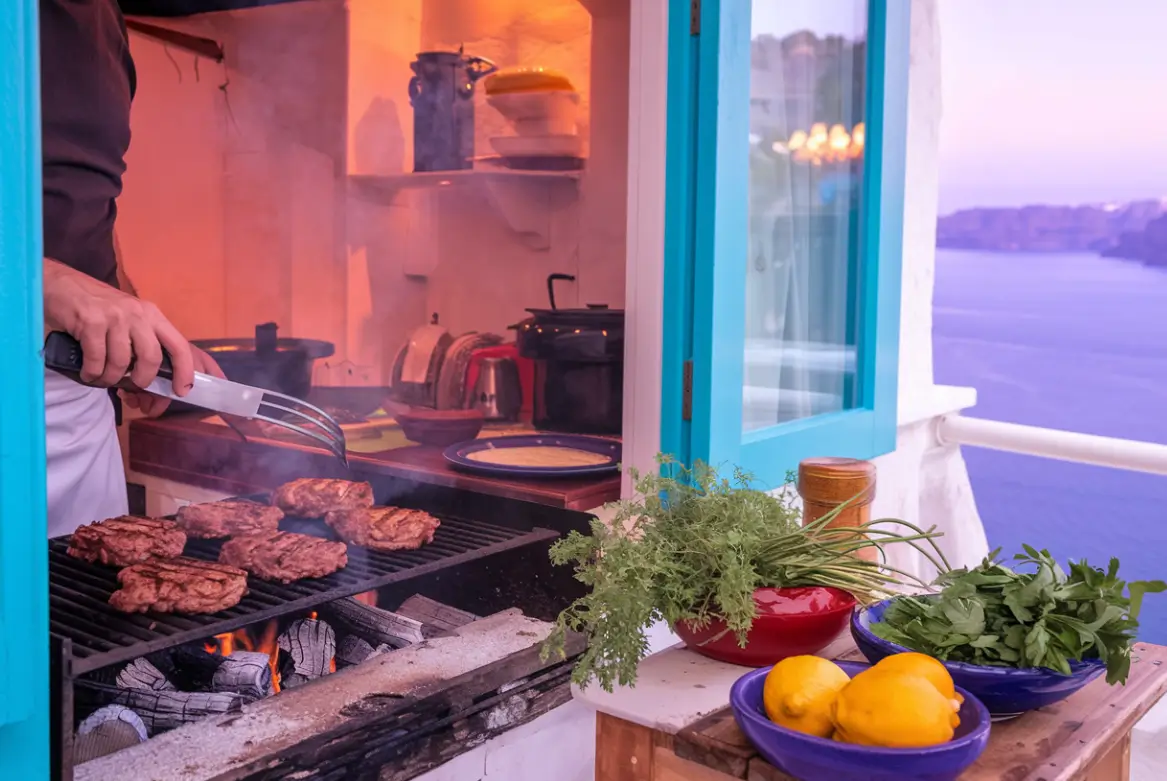 A chef grilling burger patties outdoors, with fresh herbs, lemons, and a stunning ocean view in the background.