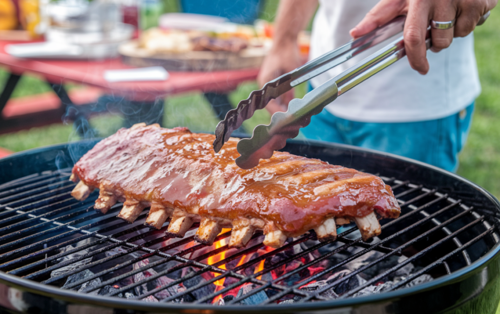 Barbecue ribs being grilled over charcoal with tongs in a backyard setting.