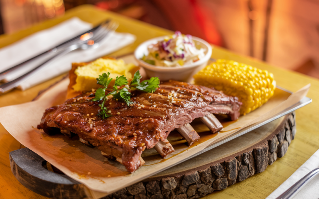 Grilled ribs served on a wooden platter with corn, coleslaw, and cornbread.