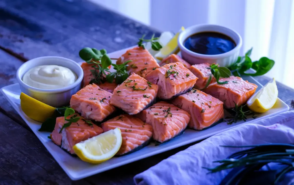 Platter of perfectly cooked salmon cubes garnished with fresh herbs, lemon wedges, and two dipping sauces.