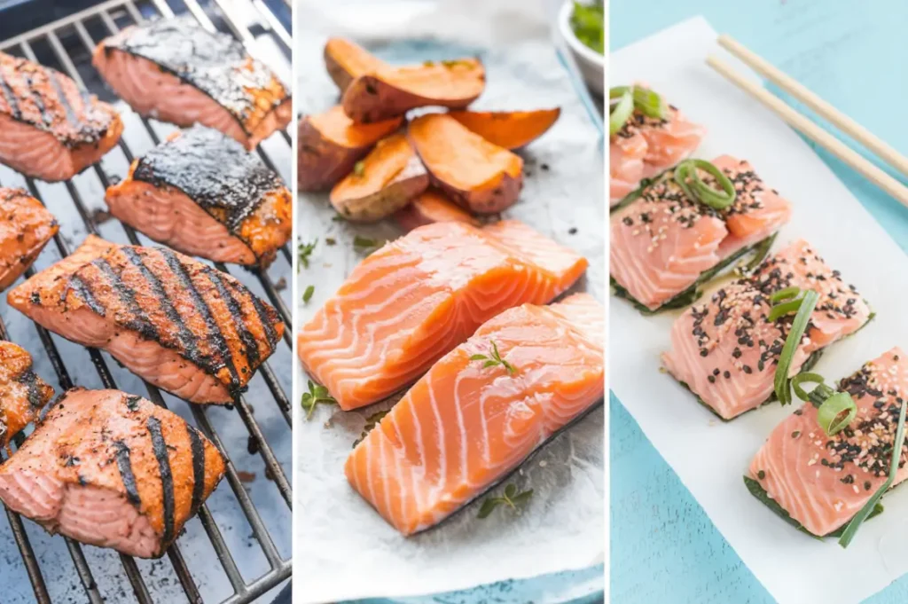 Three images showing grilled salmon, fresh salmon with roasted sweet potatoes, and sesame-crusted salmon bites.