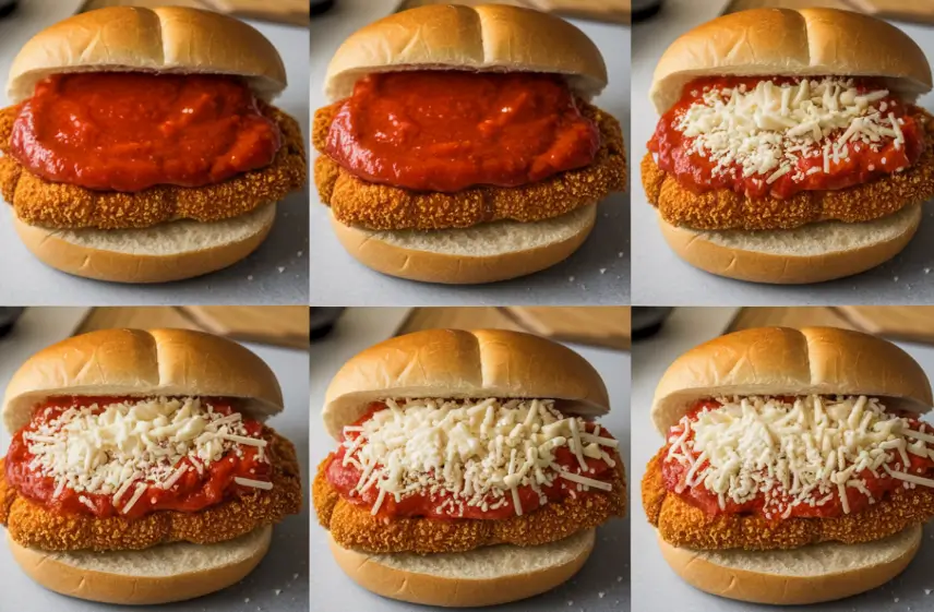 Chicken Parmesan sandwiches topped with marinara sauce and grated cheese, arranged in six stages of preparation on a white surface.