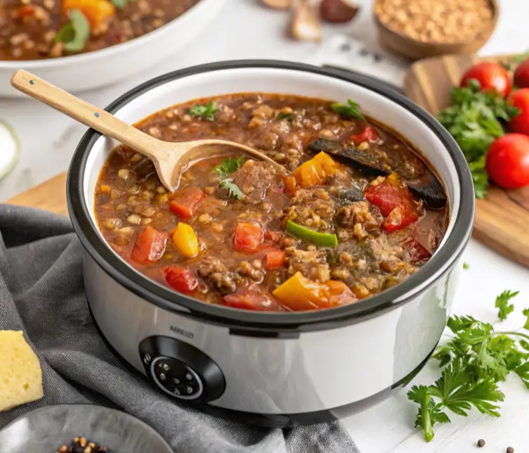 A slow cooker filled with a rich and hearty chili keto crockpot , with ground meat, bell peppers, and tomatoes, garnished with parsley.