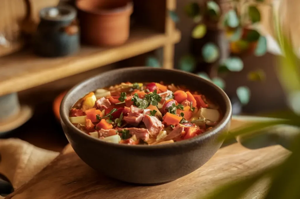 A bowl of keto crockpot beef and vegetable stew garnished with fresh herbs, served on a wooden table in a rustic kitchen setting.
Title: Rustic Beef and Vegetable Stew