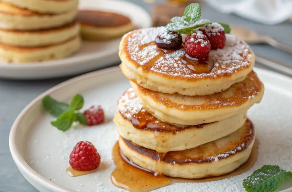 Mini pancakes stacked on a plate, topped with fresh raspberries.