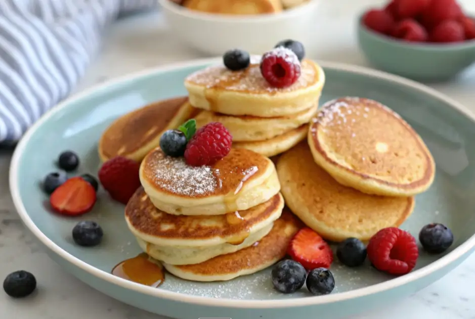 Stack of golden mini pancakes garnished with fresh blueberries, raspberries, strawberries, and a drizzle of maple syrup.