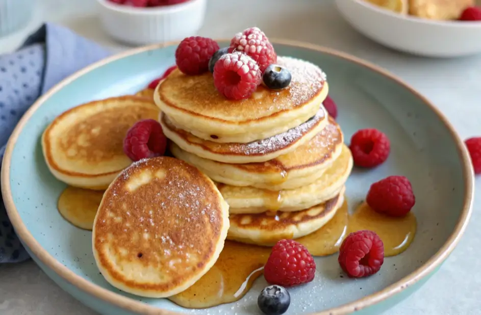 Plate of mini pancakes layered with raspberries and blueberries, lightly dusted with powdered sugar and topped with syrup.