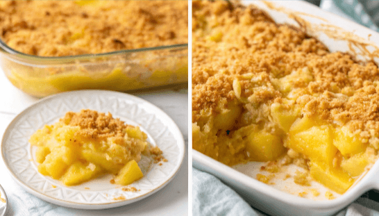 A baked pineapple casserole with golden brown topping in a white baking dish.