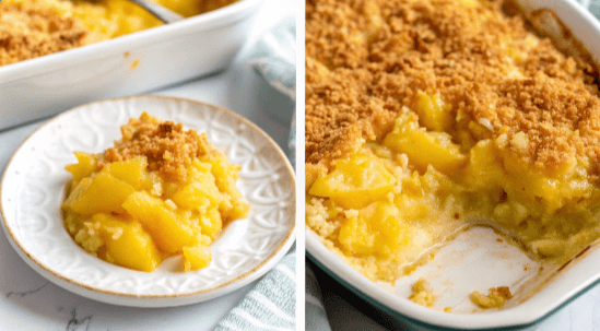 A serving of golden pineapple casserole on a white plate with a baking dish in the background.