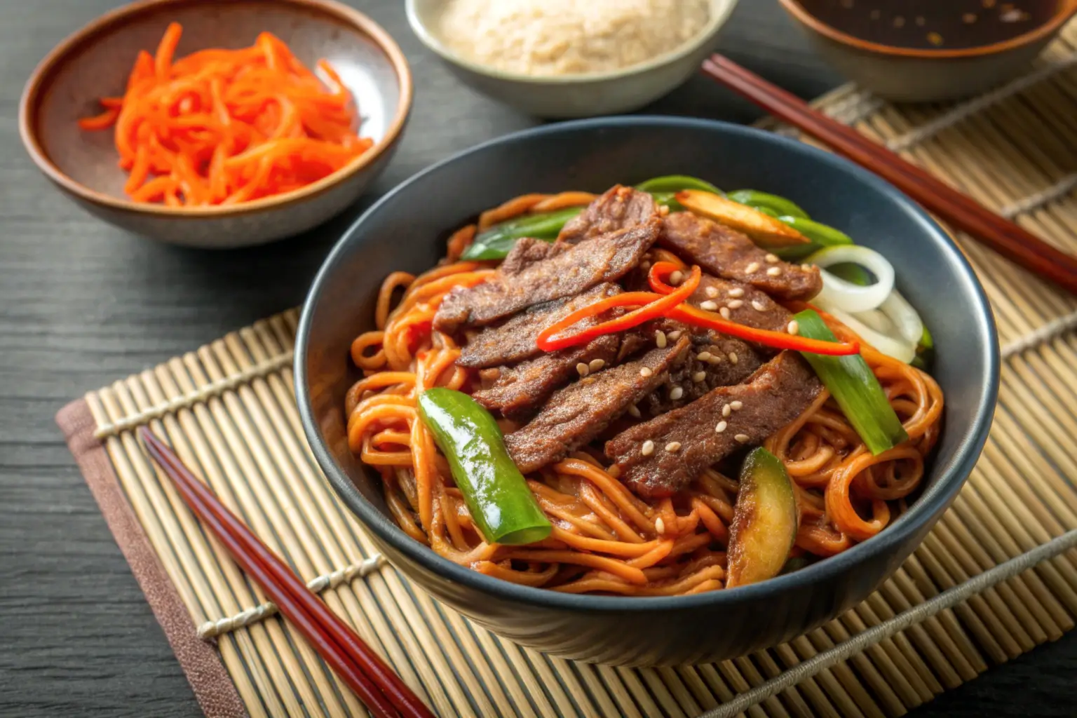 Spicy bulgogi noodles with slices of beef, green peppers, sesame seeds, and chili, served alongside pickled vegetables.