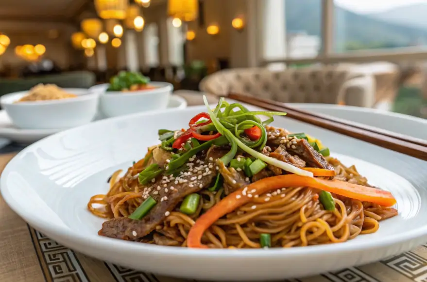 A plate of bulgogi noodles with beef strips, red peppers, green onions, and sesame seeds, served in an elegant dining setting.