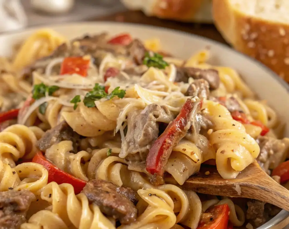 A close-up of Philly Cheesesteak pasta with rotini, beef, bell peppers, and melted cheese being scooped on a wooden spoon.