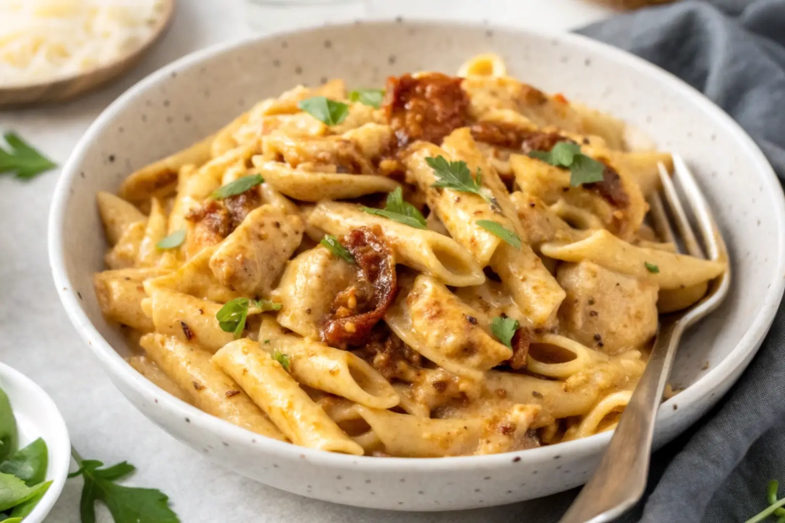 A bowl of penne pasta with creamy sauce, sun-dried tomatoes, and chicken, garnished with parsley.