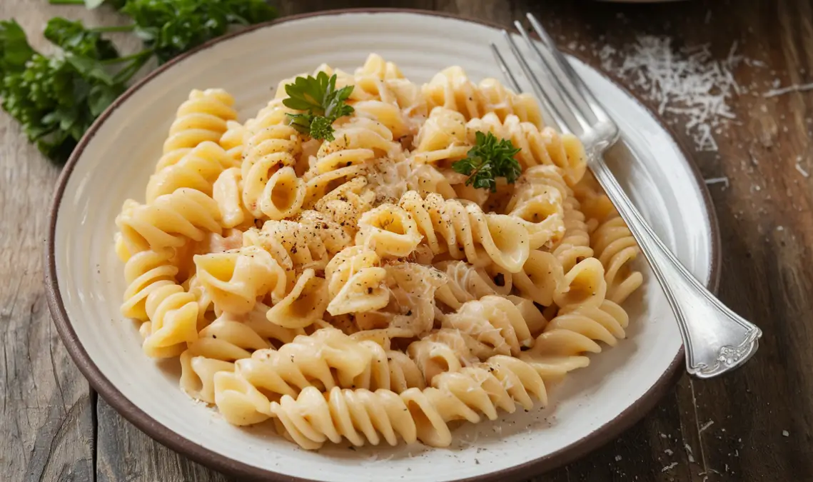 A plate of tonnarelli pasta in creamy cheese sauce, garnished with fresh parsley and black pepper, with a silver fork on the side.