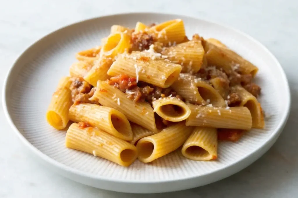 A plate of traditional Garganelli pasta served with a rich tomato-based meat sauce and topped with grated Parmesan cheese.