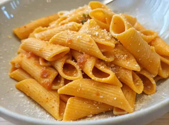 Garganelli pasta tossed in a creamy tomato sauce and garnished with Parmesan cheese on a grey plate.