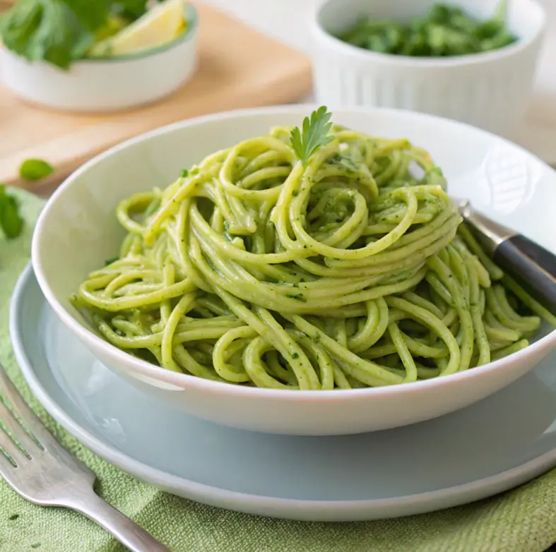 A bowl of creamy green spaghetti garnished with fresh parsley, served on a blue plate with a fork on the side.