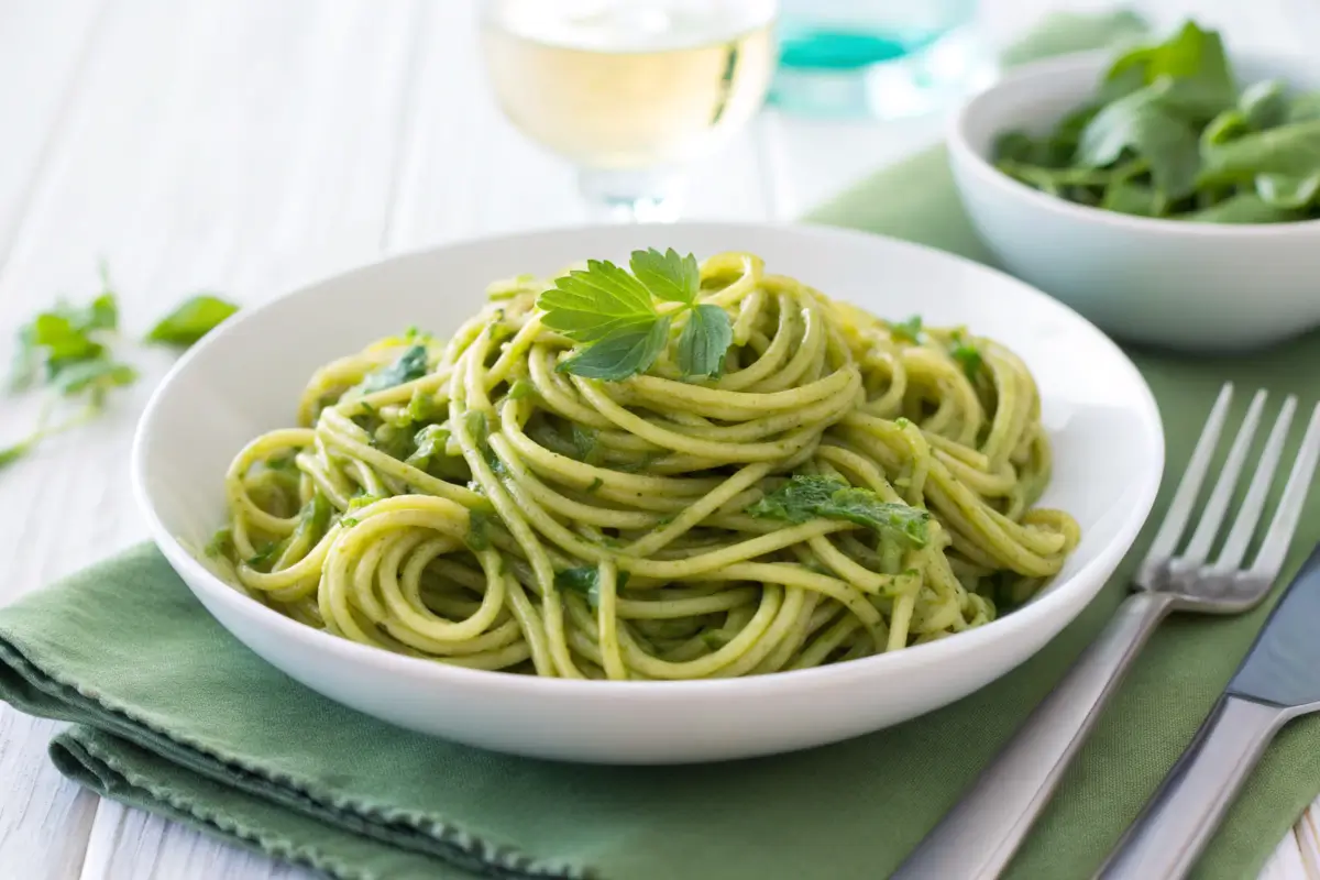 A bowl of creamy green spaghetti garnished with fresh parsley, served on a blue plate with a fork on the side.