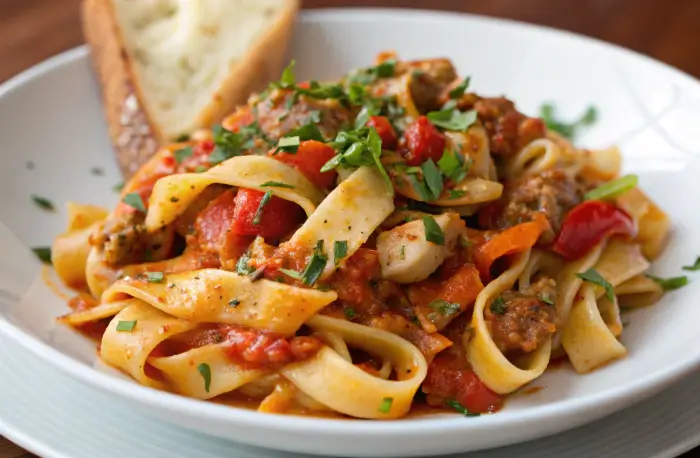 A close-up of Italian drunken noodles served with a slice of toasted garlic bread on the side.