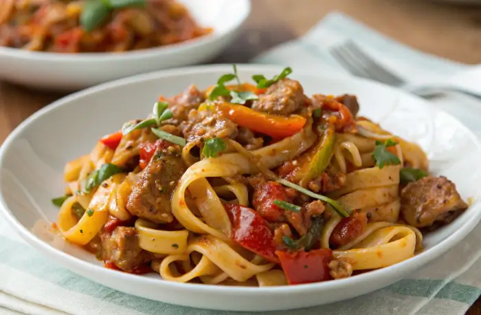 A plate of Italian drunken noodles with fettuccine pasta, colorful bell peppers, and savory sausage, garnished with fresh herbs.