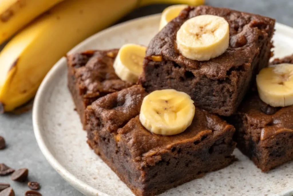 A plate of moist banana brownies topped with fresh banana slices, served alongside ripe bananas and chocolate chips.