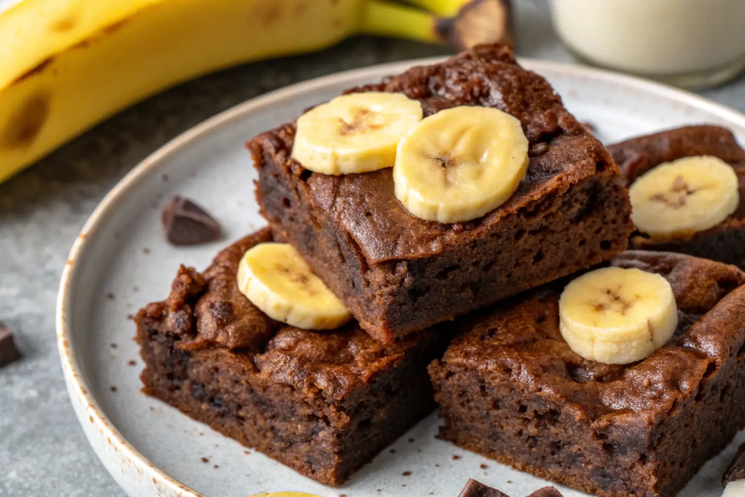 A plate of moist banana brownies topped with fresh banana slices, served alongside ripe bananas and chocolate chips served.