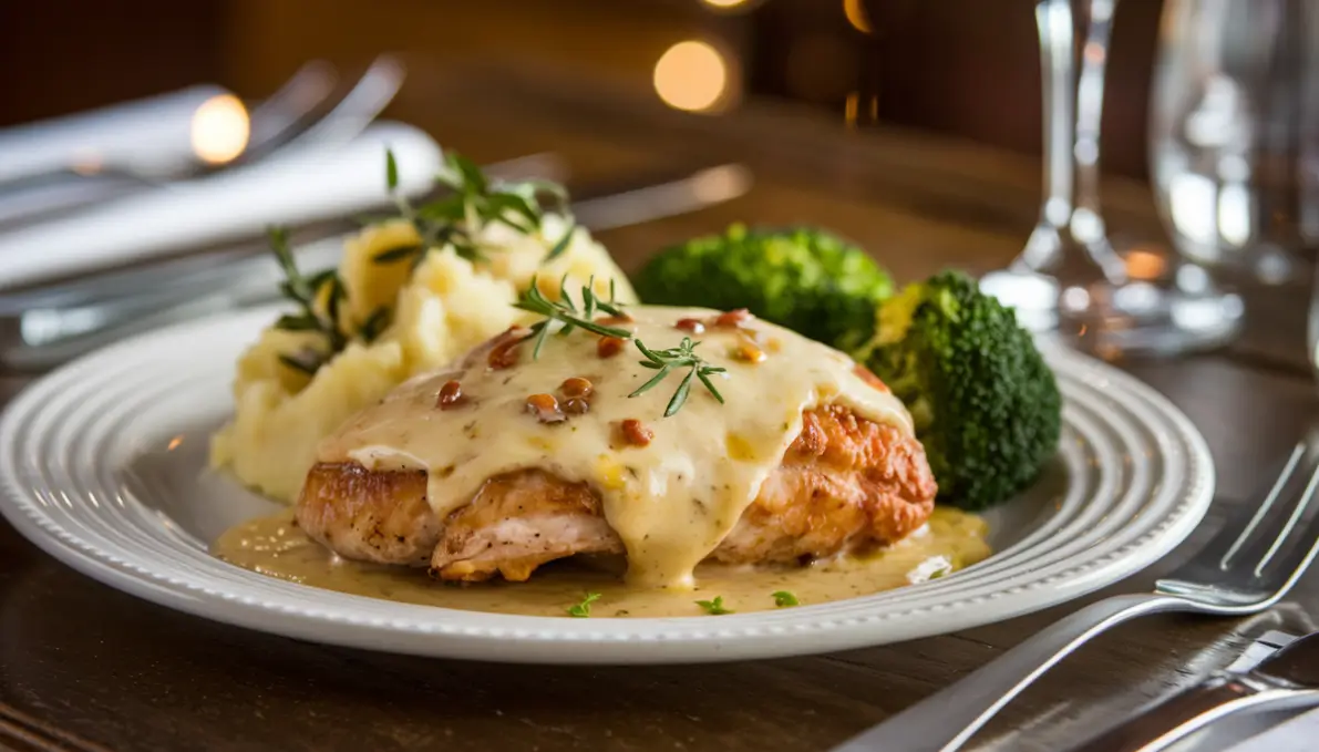 Golden seared Alice Springs Chicken topped with creamy sauce, crispy bacon, and fresh thyme, served with mashed potatoes and broccoli.