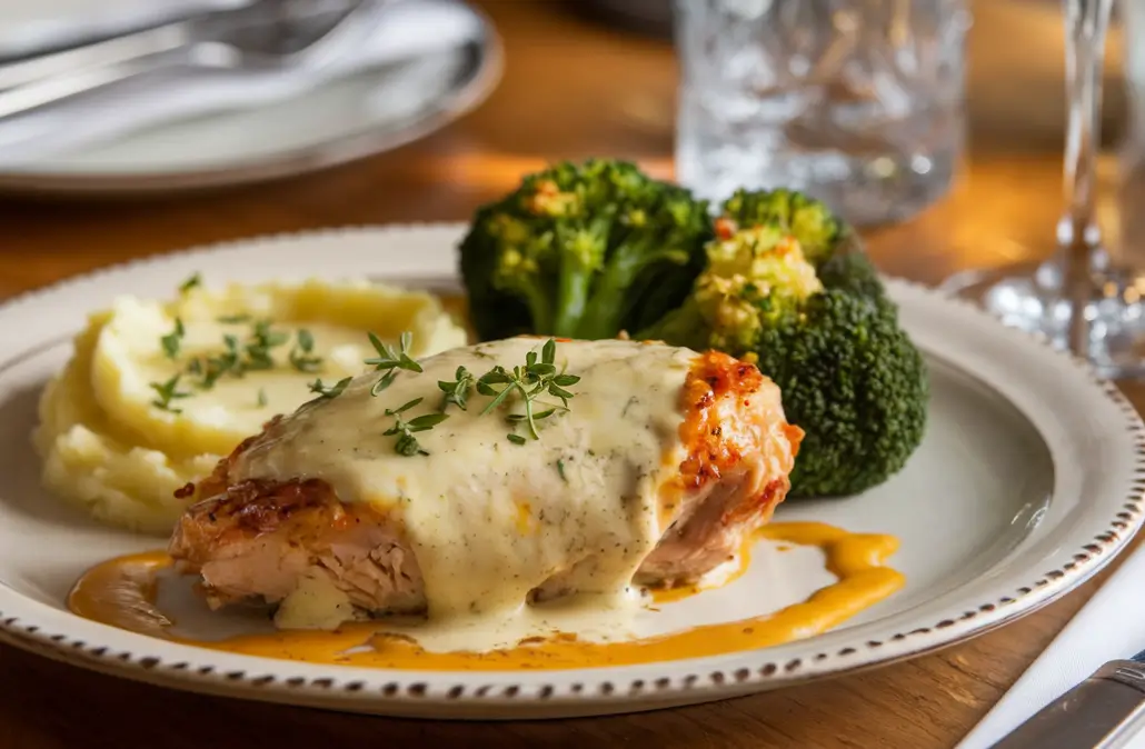 Alice Springs Chicken served with creamy mashed potatoes and steamed broccoli on a white plate, garnished with fresh herbs.