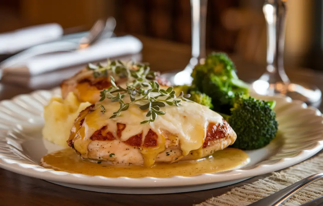 Two pieces of Alice Springs Chicken on a white plate, topped with melted cheese, garnished with thyme, and served with broccoli and mashed potatoes.