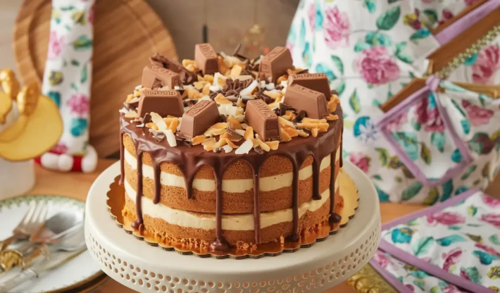 A layered chocolate and coconut cake topped with a rich chocolate drip, coconut flakes, chocolate shavings, and candy bars on a decorative cake stand.