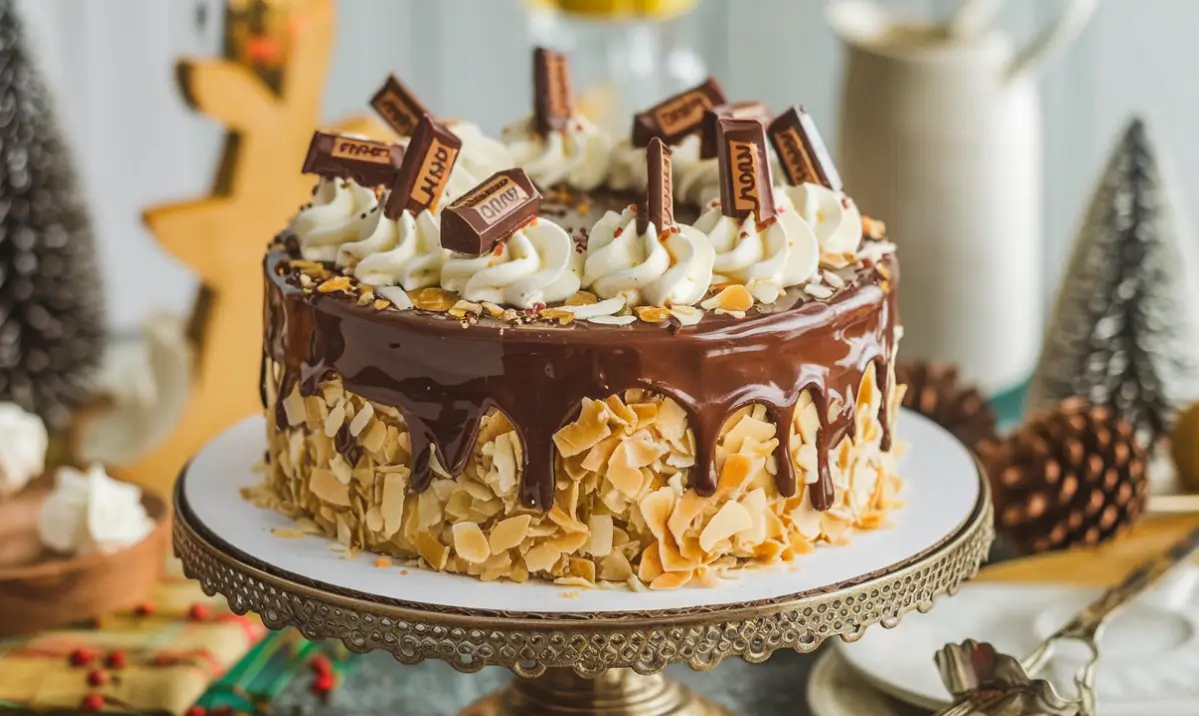 A layered chocolate and coconut cake topped with a rich chocolate drip, coconut flakes, chocolate shavings, and candy bars on a decorative cake stand.