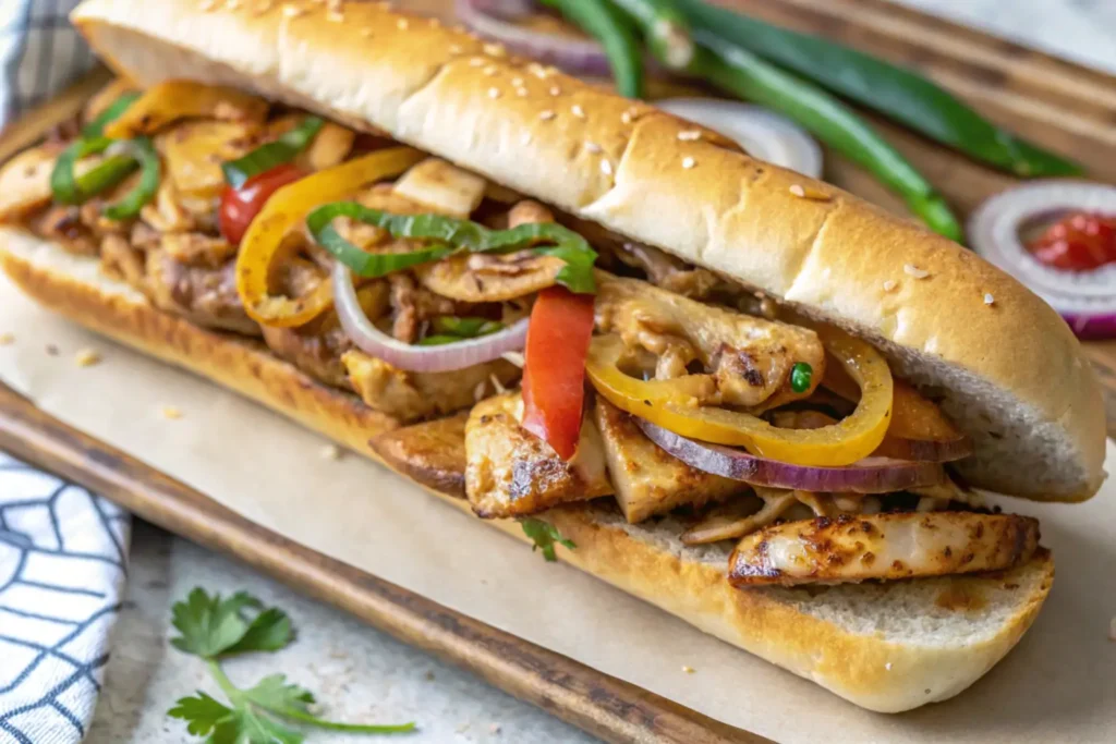 A Chicken Philly Cheesesteak sandwich loaded with sautéed onions, red and yellow bell peppers, tender chicken slices, and served in a toasted sesame hoagie roll.