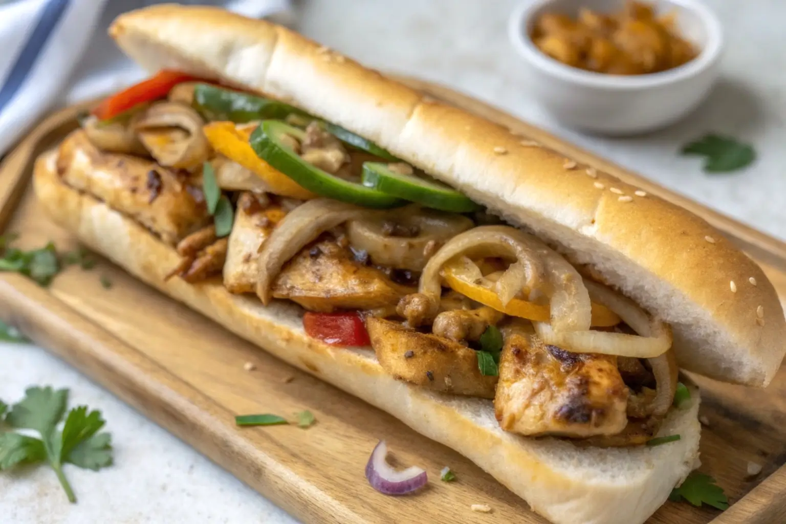 A Chicken Philly Cheesesteak on a wooden serving board, filled with grilled chicken, caramelized onions, and sliced bell peppers in a sesame hoagie roll.