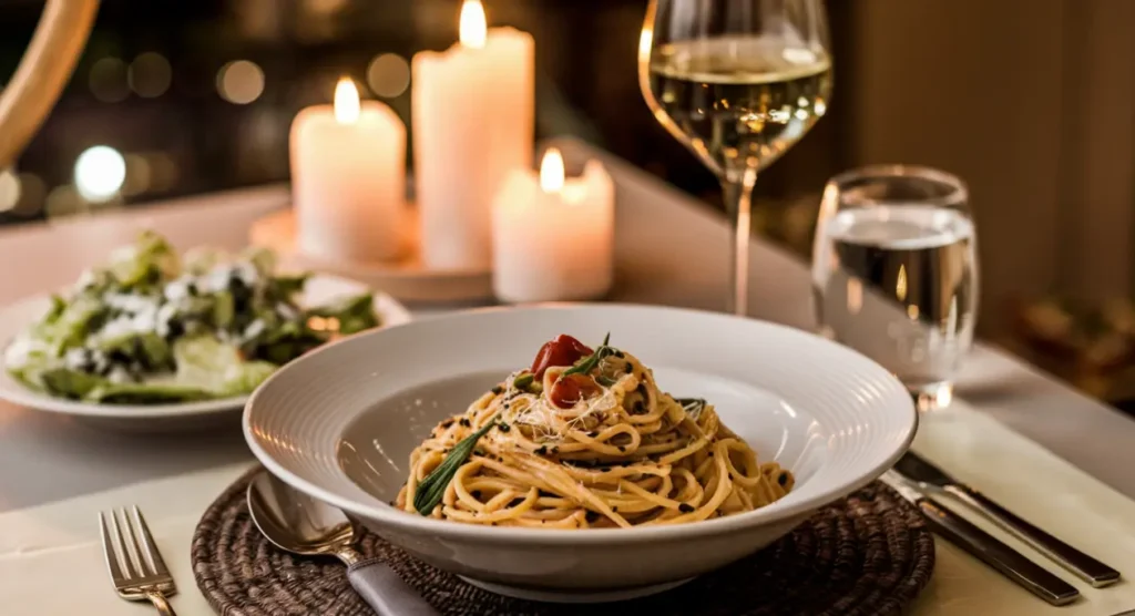 Close-up of a bowl of Marry Me Pasta topped with cherry tomatoes and rosemary, paired with salad, wine, and a candlelit setting.