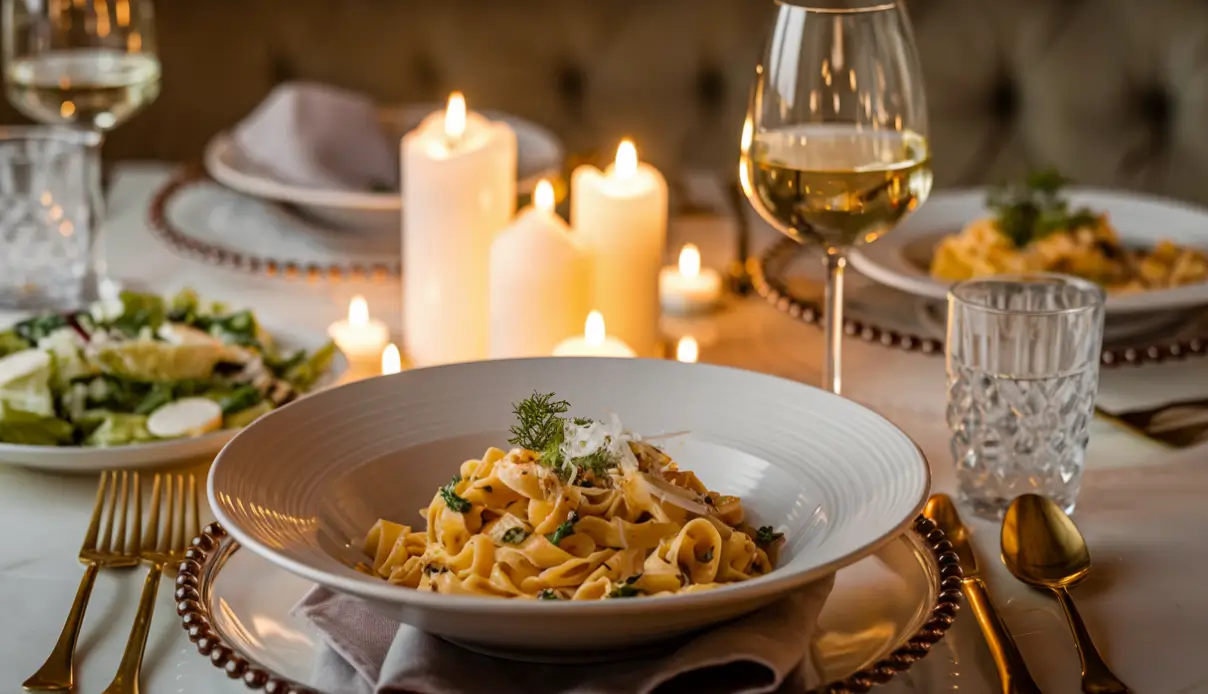 A romantic dinner table featuring a bowl of Marry Me Pasta garnished with herbs and Parmesan, surrounded by candles.