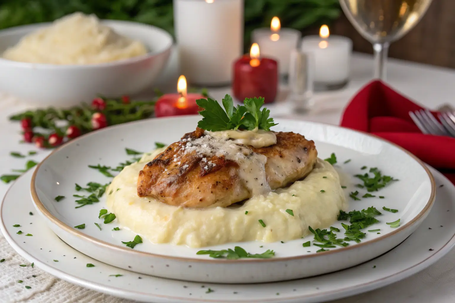 A beautifully plated Marry Me Chicken on creamy mashed potatoes, garnished with parsley and surrounded by romantic candlelight.