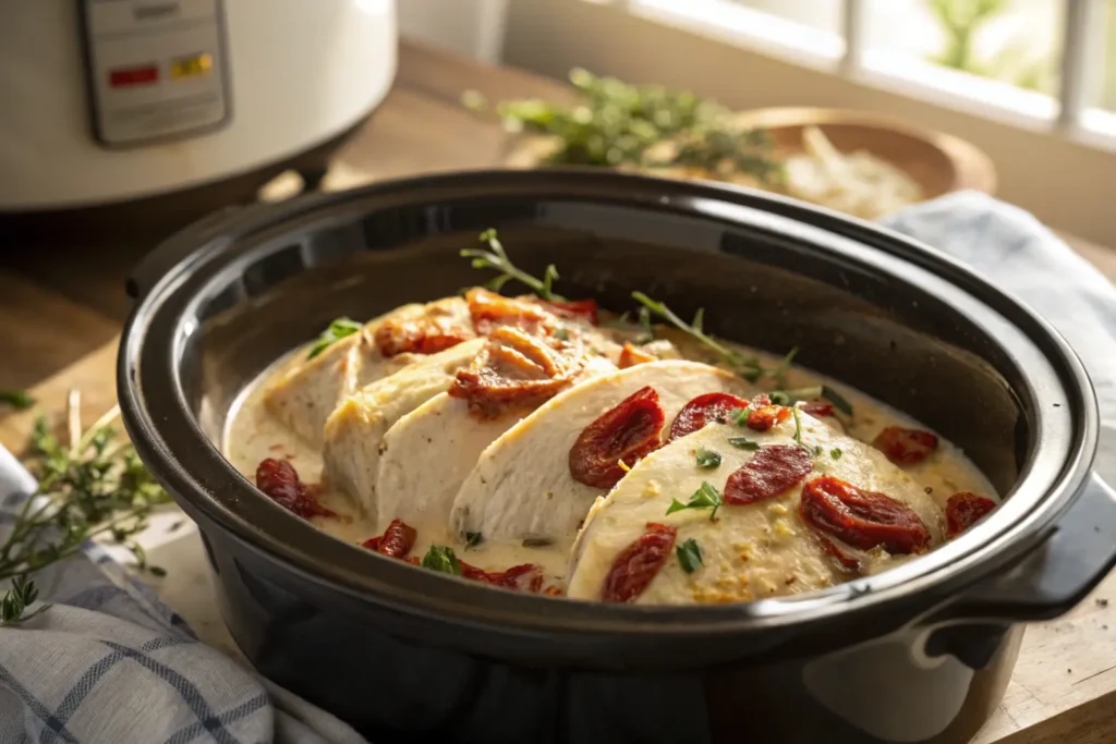 A crock pot filled with tender Marry Me Chicken, creamy sauce, and sun-dried tomatoes garnished with fresh herbs.