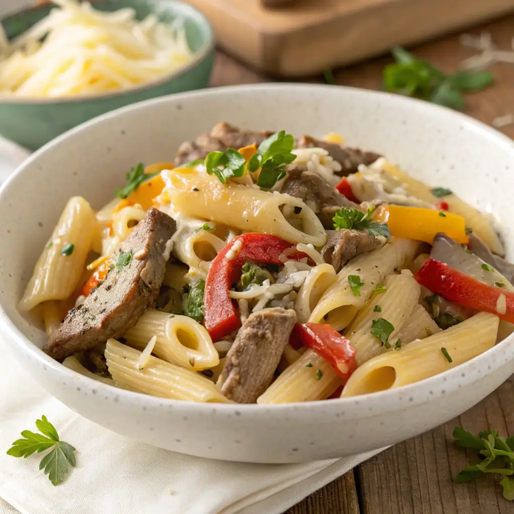 A bowl of Philly Cheesesteak pasta with penne, colorful bell peppers, and tender beef strips garnished with parsley.